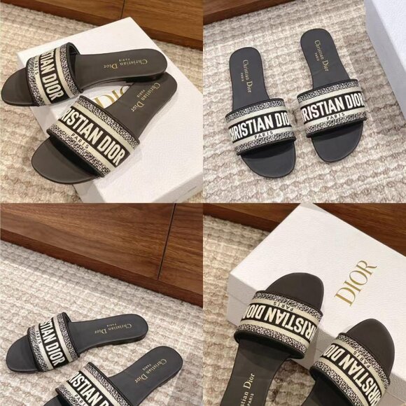 DIOR Dway Slide Sandals in Deep Black Embroidered Cotton - Picture 2 of 9